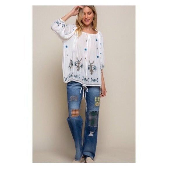 OFF White Boho Embroidered w/ Floral Detail Top - Picture 8 of 16